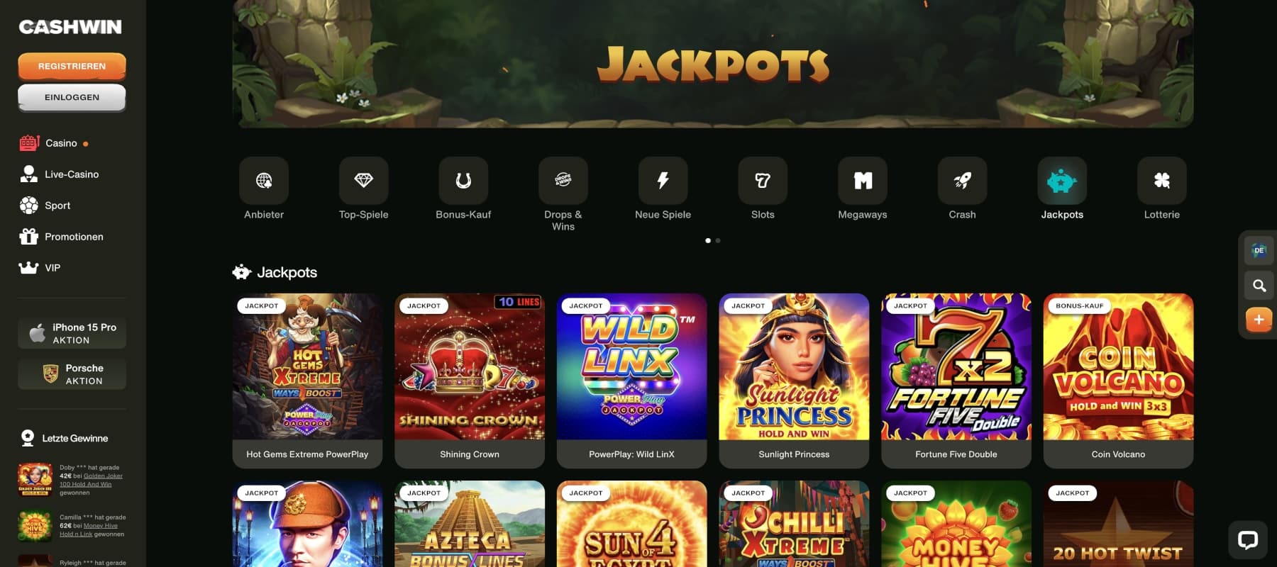 Cashwin Casino Jackpots